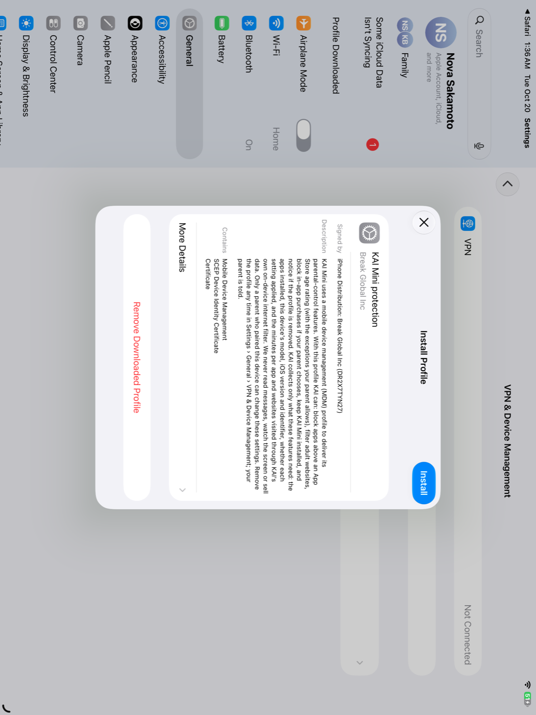 Settings showing the Install Profile sheet for KAI Mini protection, signed by Break Global Inc, with its description and contents.