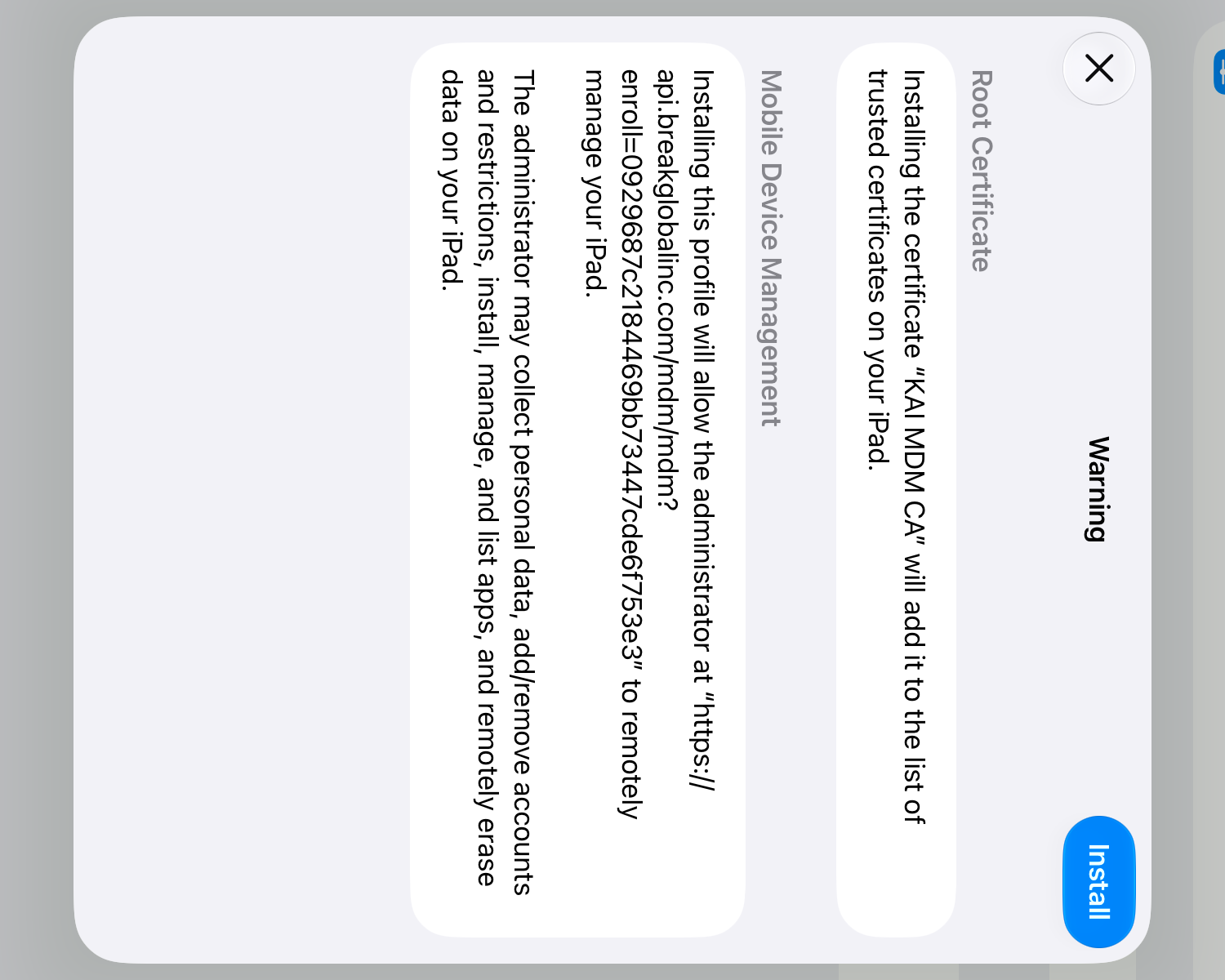 Settings Warning page listing the root certificate KAI MDM CA and Mobile Device Management, with an Install button.