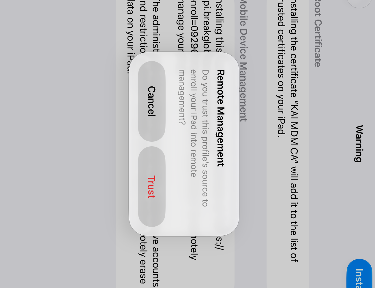 Remote Management alert: Do you trust this profile's source to enroll your iPad into remote management? Cancel or Trust.