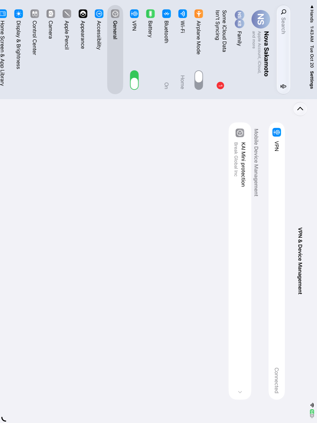 Settings › General › VPN & Device Management showing VPN connected and KAI Mini protection by Break Global Inc under Mobile Device Management.