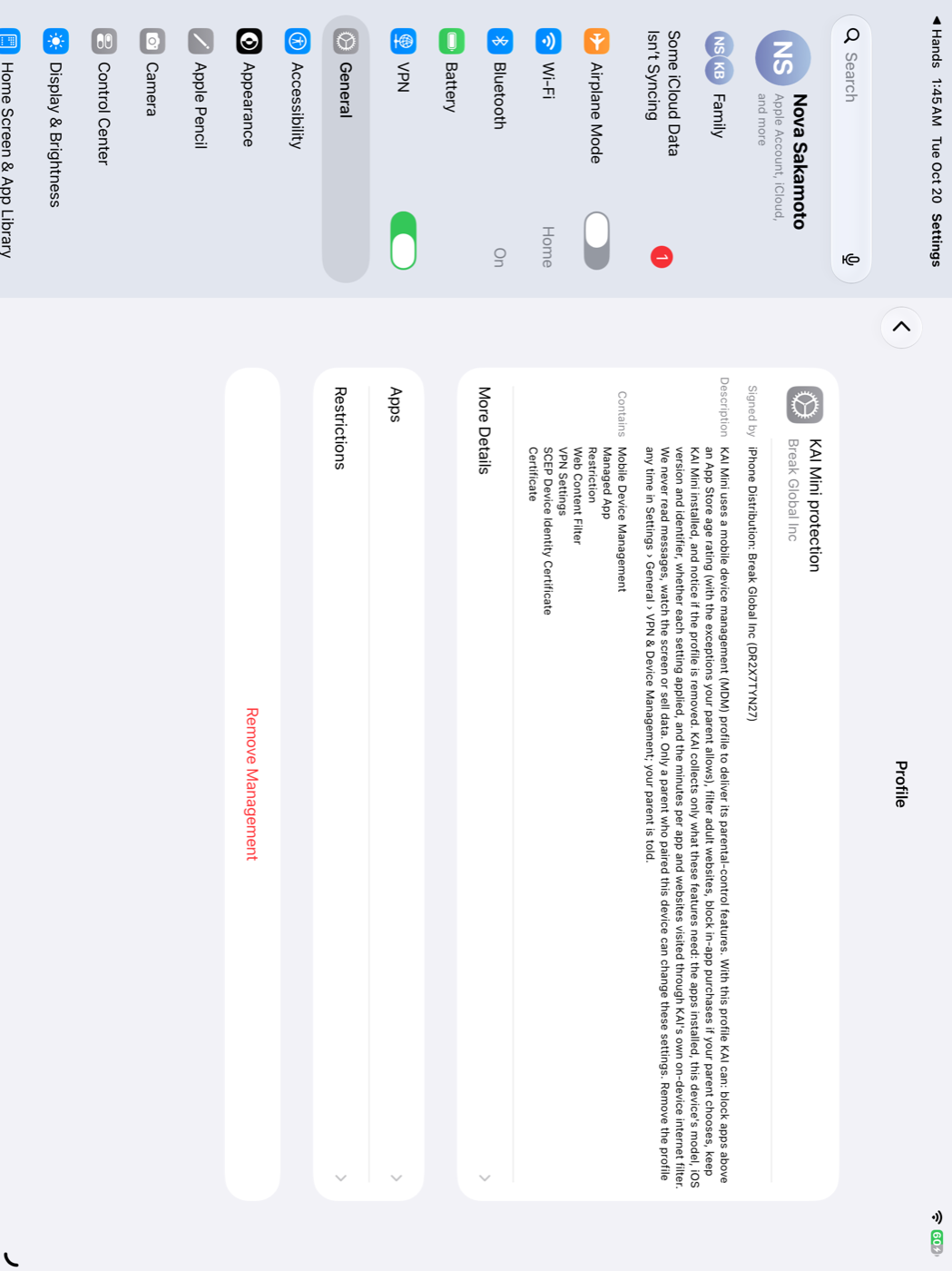 The KAI Mini protection profile page in Settings with its description, contents and the red Remove Management button.
